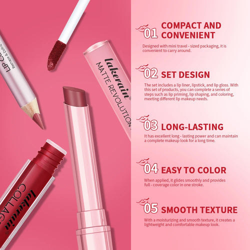 All-in-One Travel Lip Makeup Set with Liner, Lipstick, and Gloss