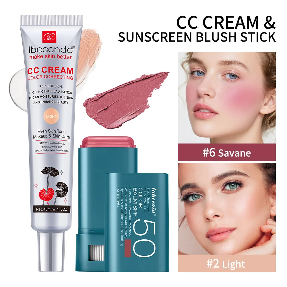 Color Correcting CC Cream and Sunscreen Blush Stick Makeup Set