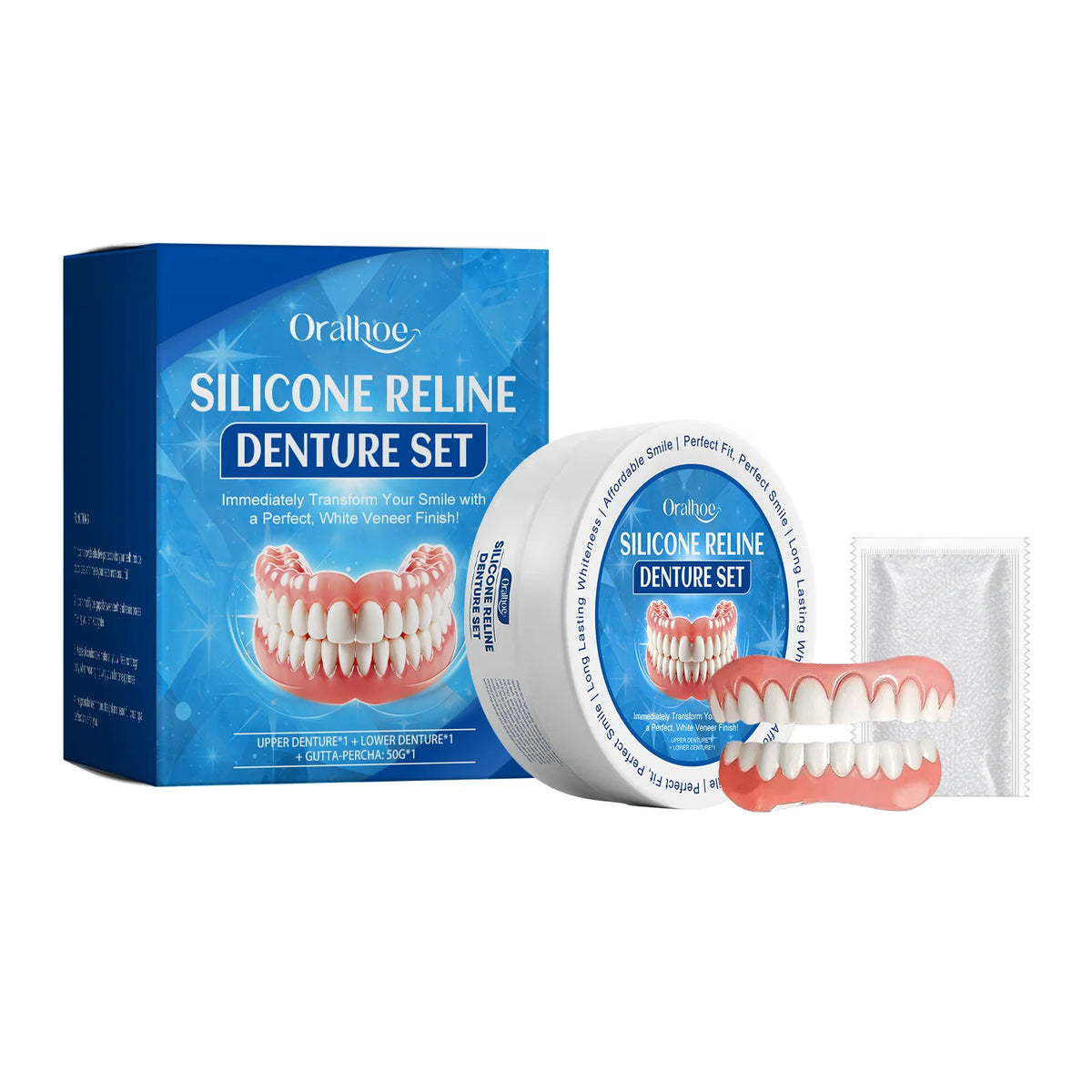 Temporary Silicone Snap-On Whitening Dentures for Upper and Lower Teeth