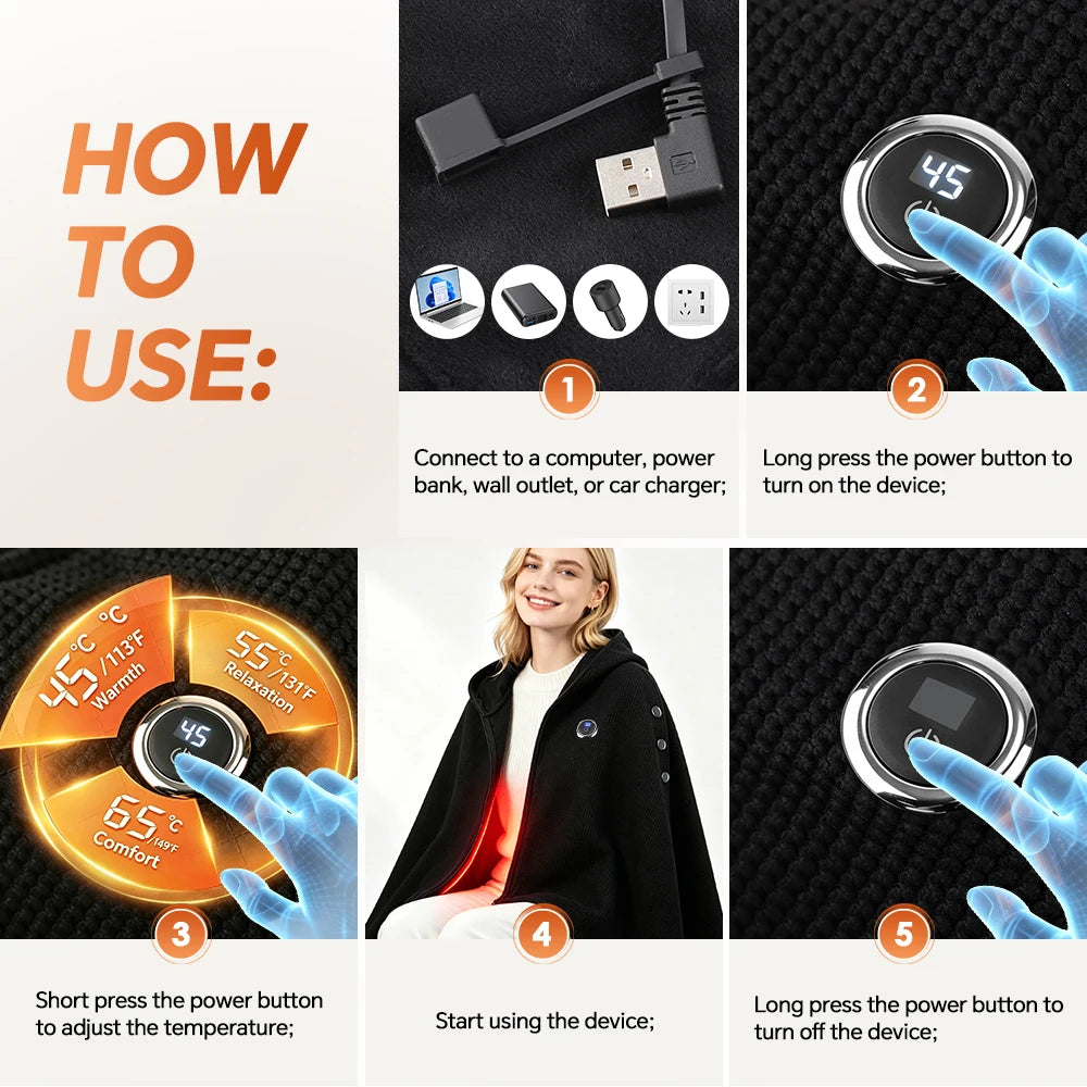 Wearable USB Graphene Heated Hooded Shawl - 14