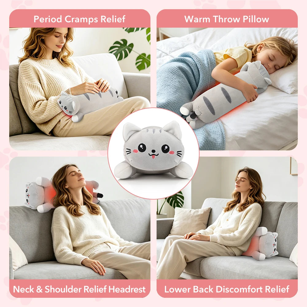 USB Heated Cat Plush Pillow for Pain Relief and Relaxation