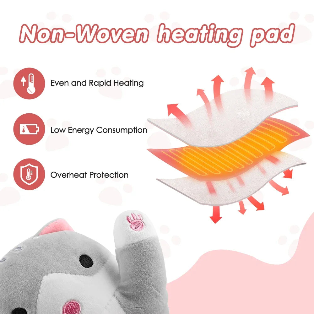 USB Heated Cat Plush Pillow with Adjustable Heat and Timer
