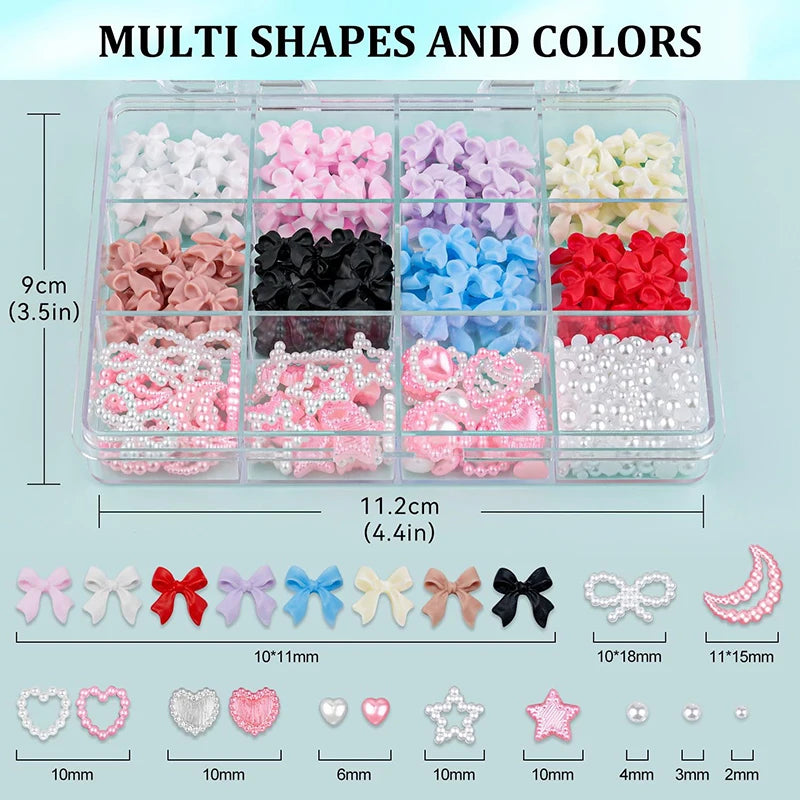 3D Mixed Nail Art Decoration Set with Bows, Flowers, and Pearls