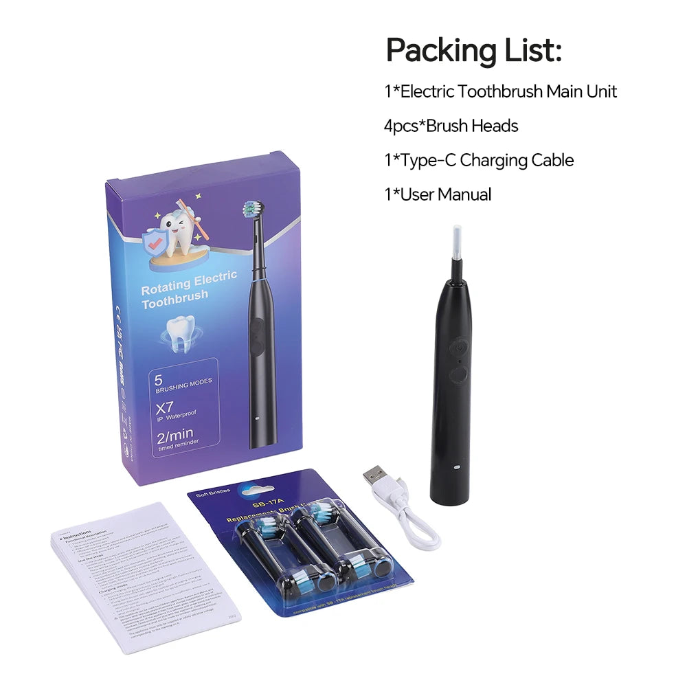 Rechargeable Rotating Electric Toothbrush with 4 Replacement Heads - 16