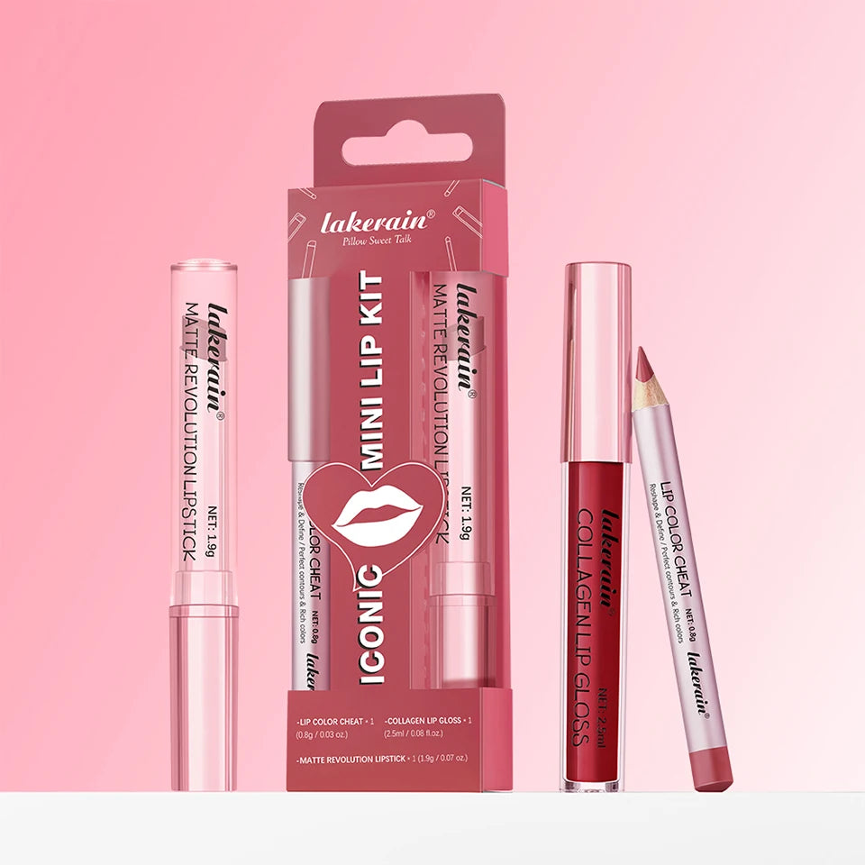 All-in-One Travel Lip Makeup Set with Liner, Lipstick, and Gloss