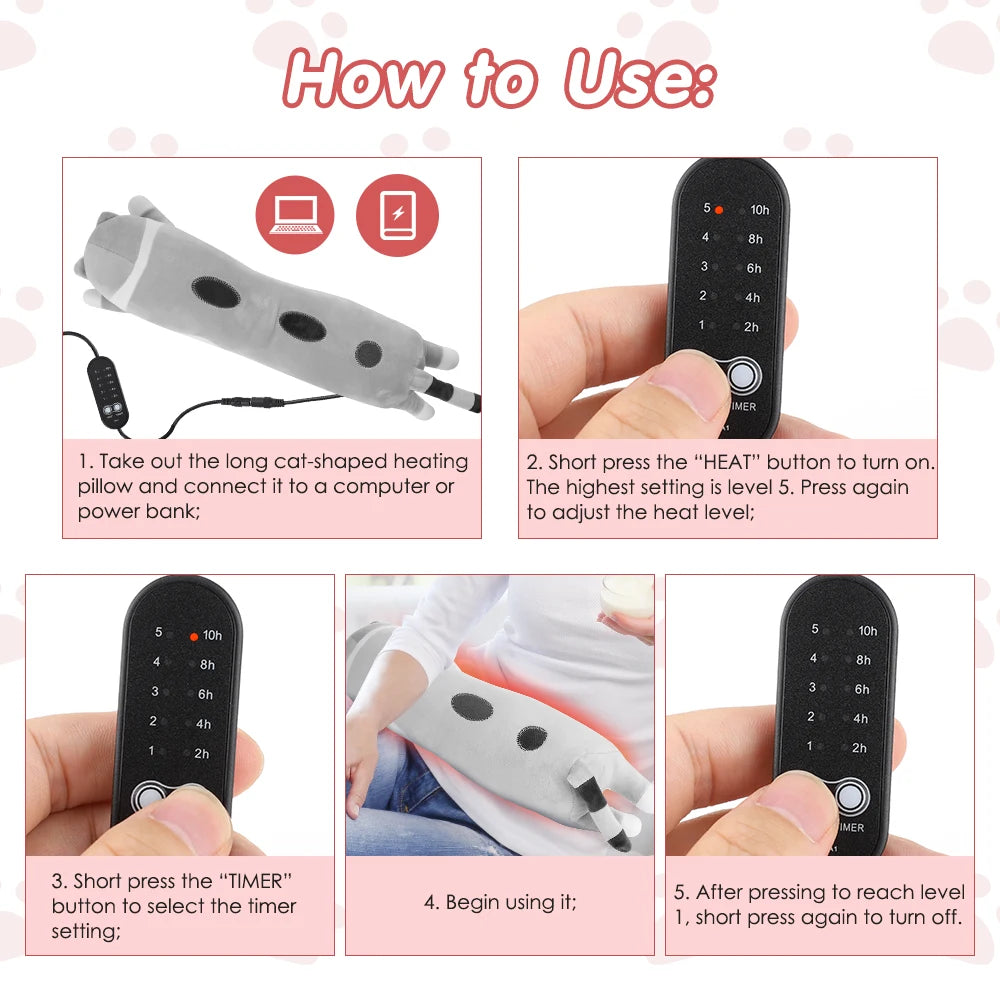 USB Heated Cat Plush Pillow with Adjustable Heat and Timer - 13