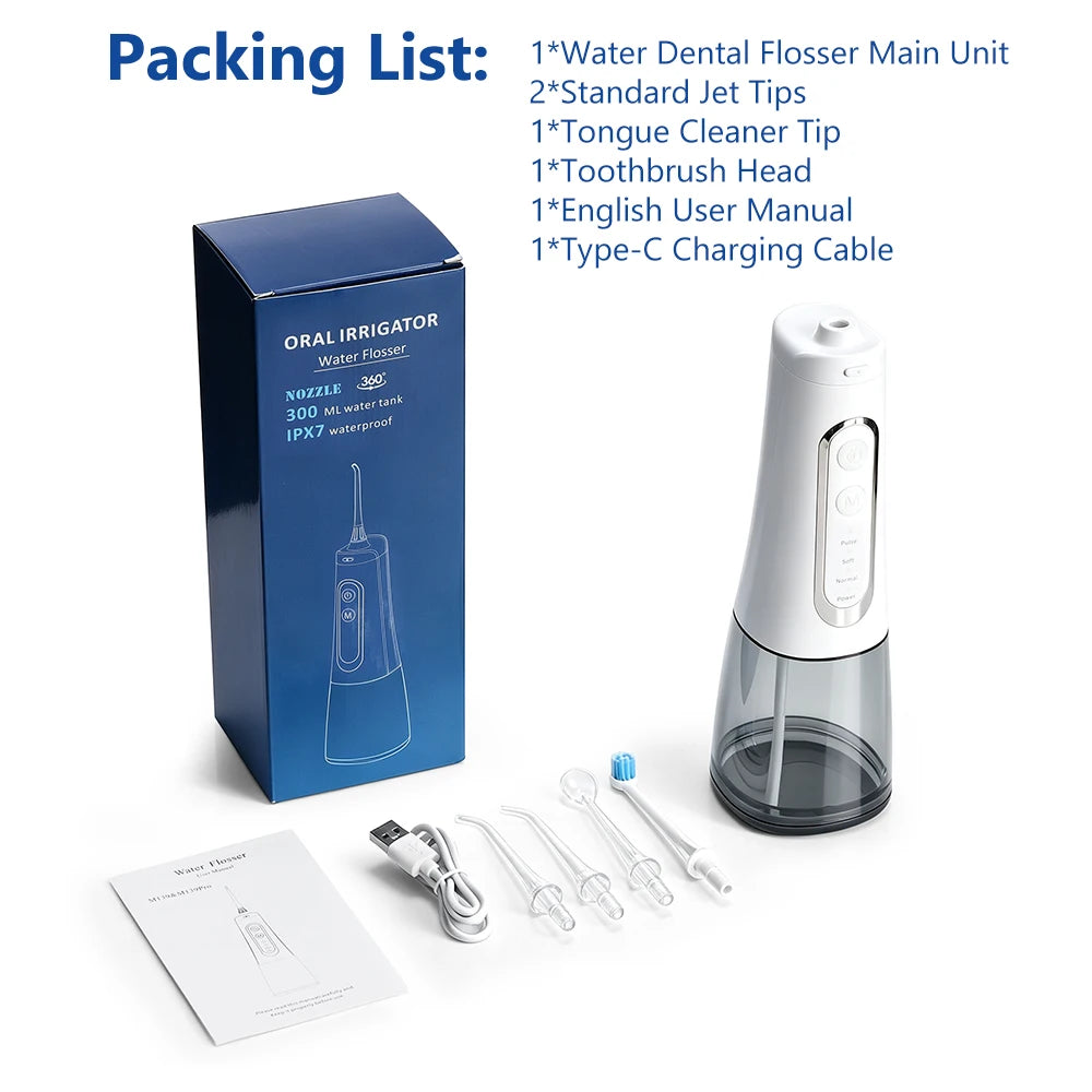 Cordless Water Dental Flosser with 4 Cleaning Modes and 300ml Tank