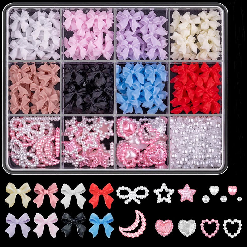 3D Mixed Nail Art Decoration Set with Bows, Flowers, and Pearls