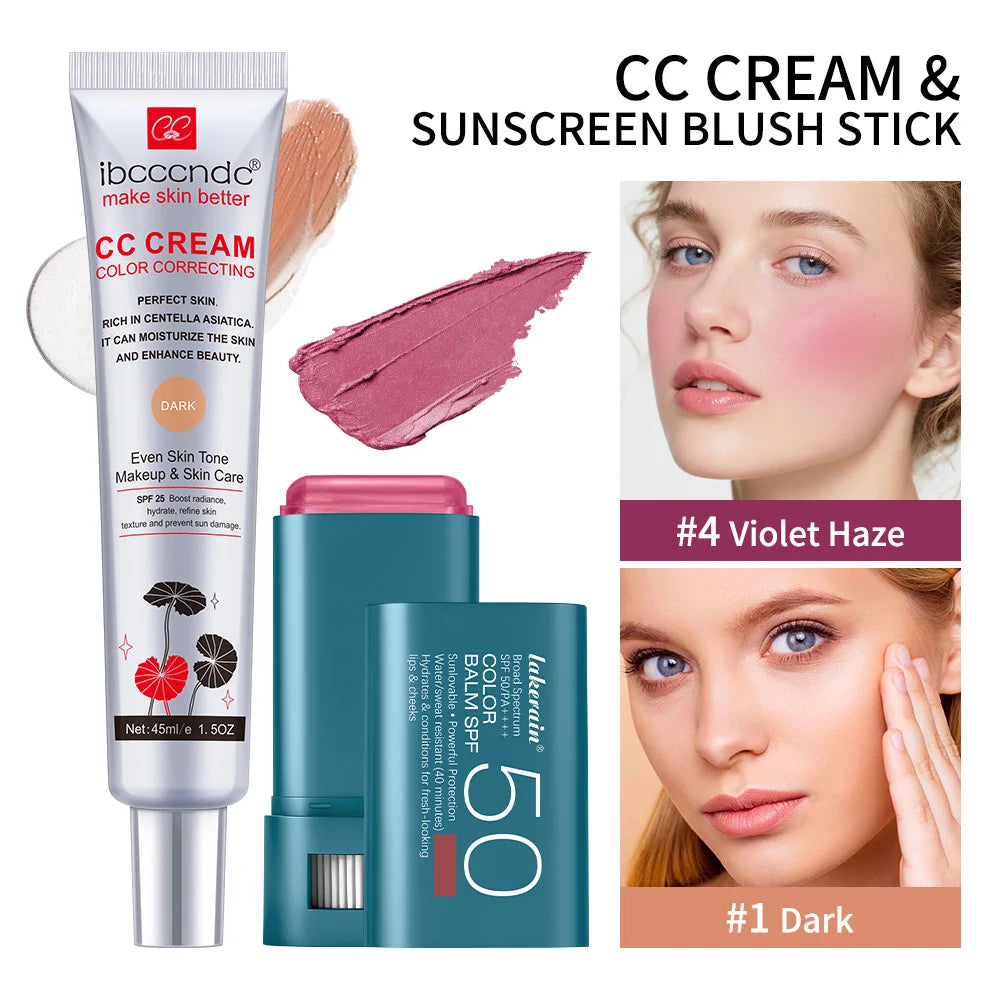 Color Correcting CC Cream and Sunscreen Blush Stick Makeup Set