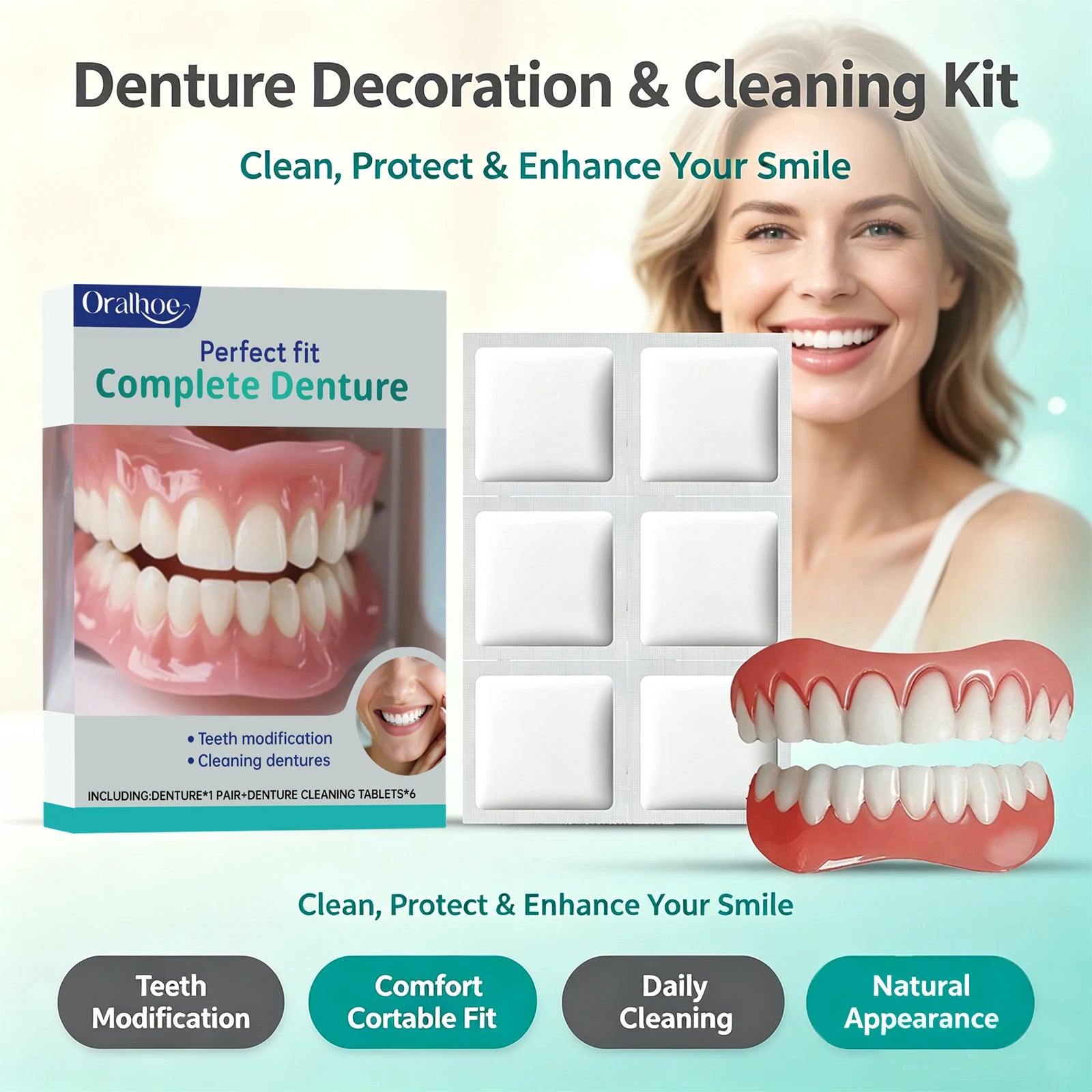 Cosmetic Denture and Cleaning Kit for Missing or Stained Teeth - 4