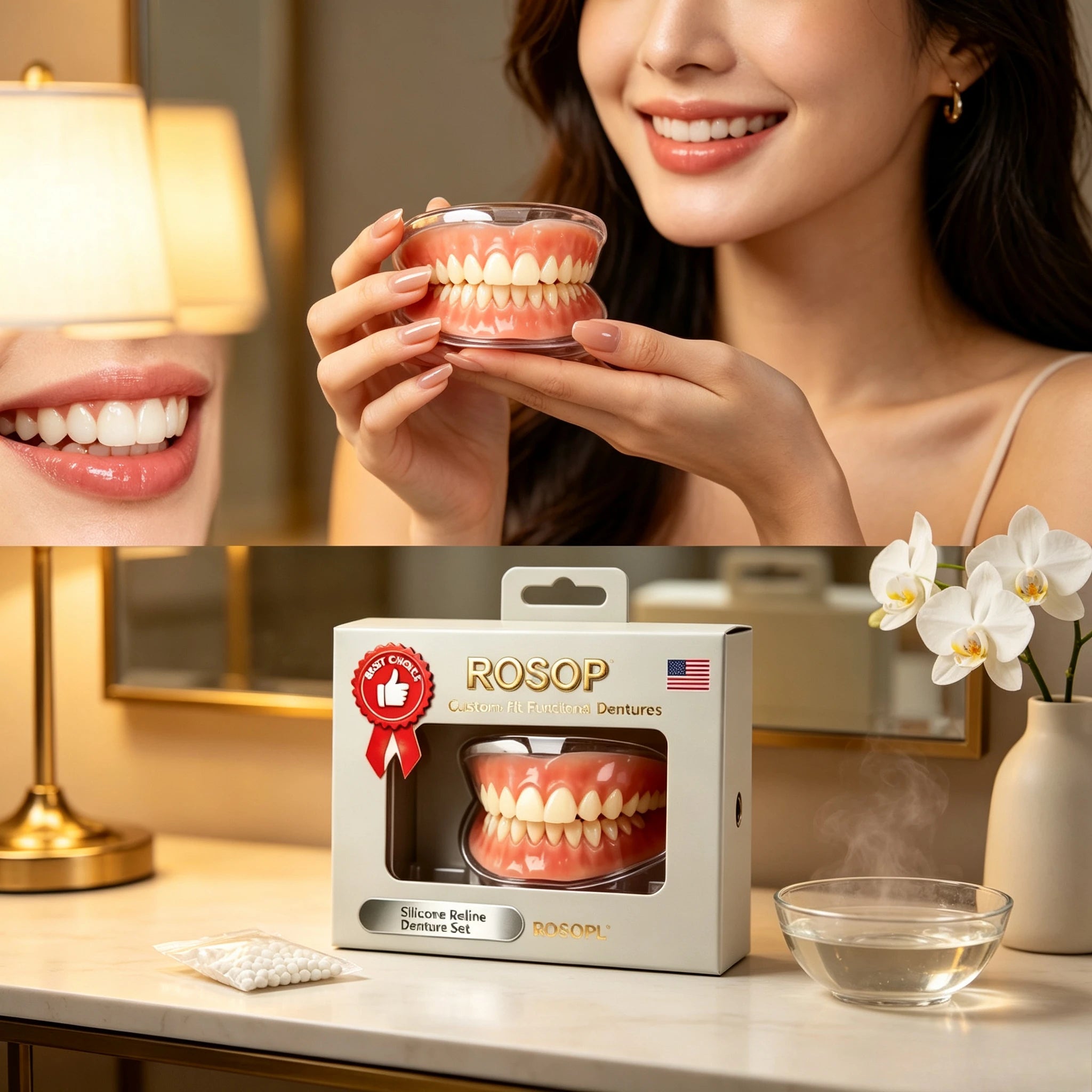 Custom-Fit Silicone Upper and Lower Cosmetic Denture Set - 1