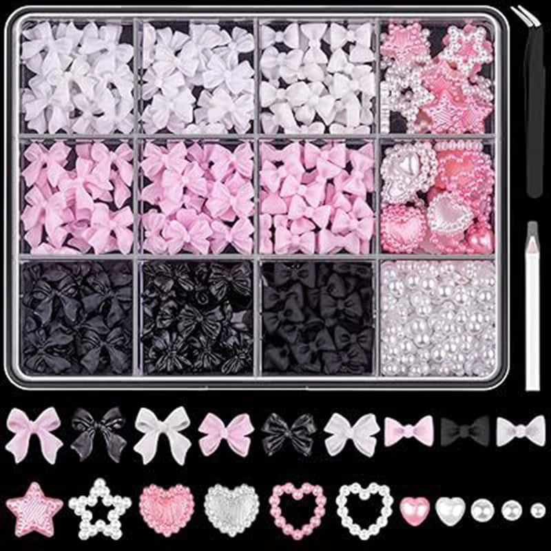 3D Mixed Nail Art Decoration Set with Bows, Flowers, and Pearls