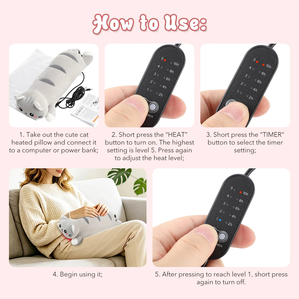 USB Heated Cat Plush Pillow for Pain Relief and Relaxation