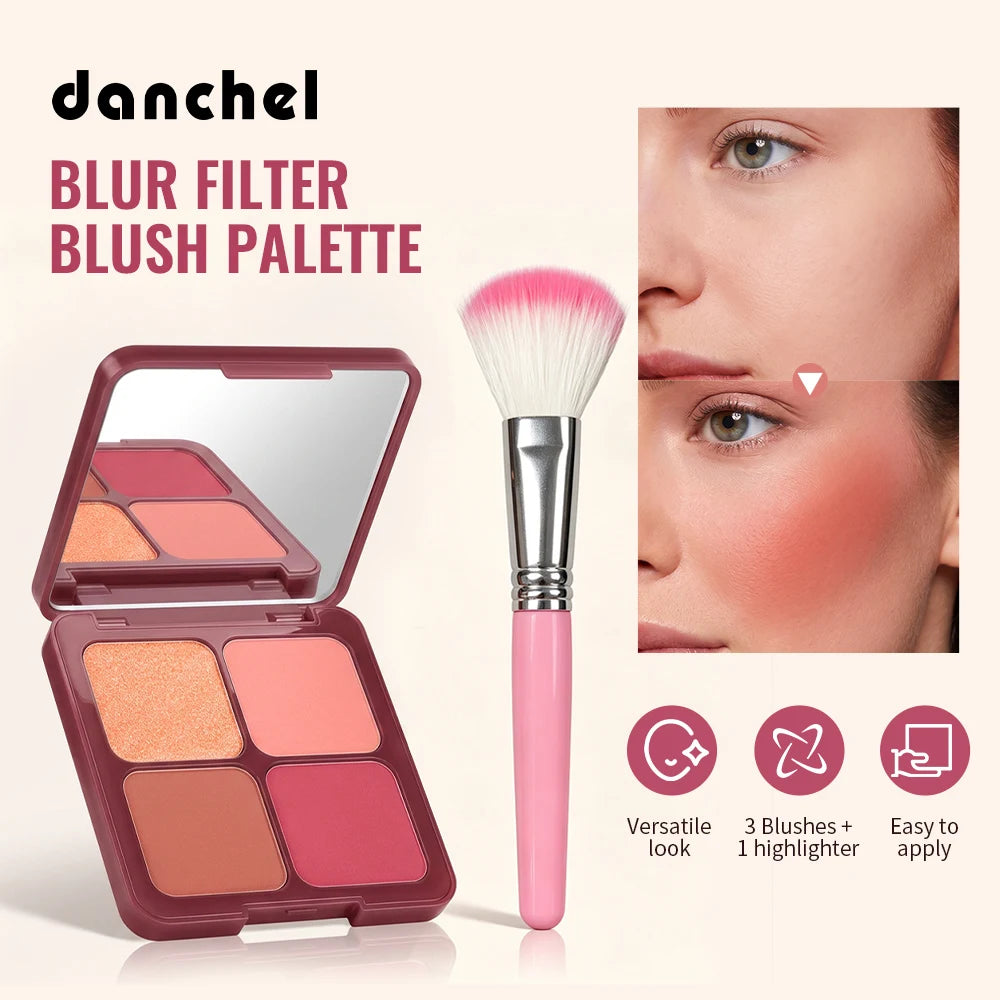 4-Color Matte Blur Filter Blush Palette with Makeup Brush