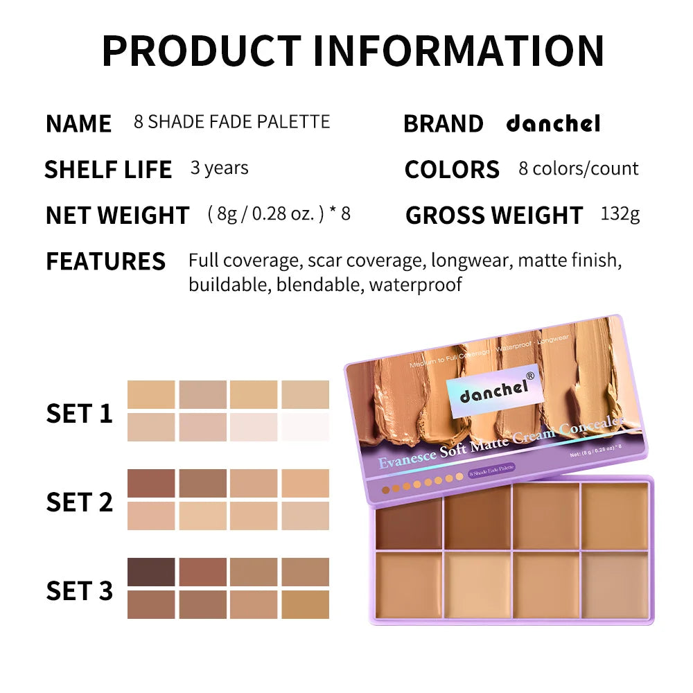 8-Shade Matte Cream Concealer Palette for Full Coverage - 16
