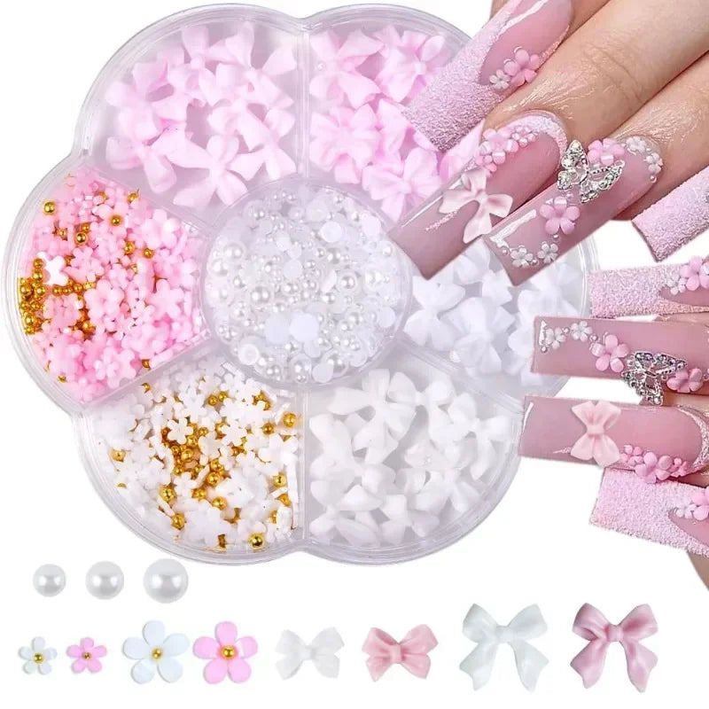 3D Mixed Nail Art Decoration Set with Bows, Flowers, and Pearls