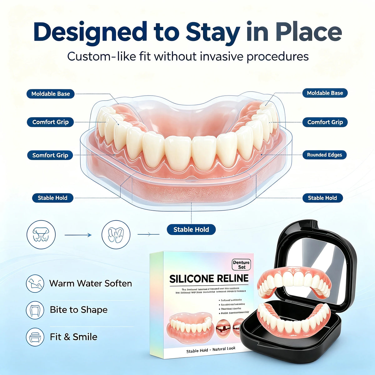 Comfort Fit Silicone Dentures Upper and Lower Set