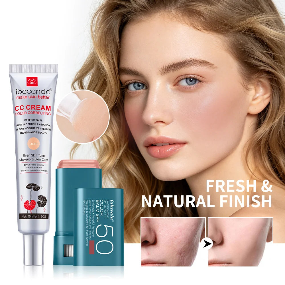 Color Correcting CC Cream and Sunscreen Blush Stick Makeup Set