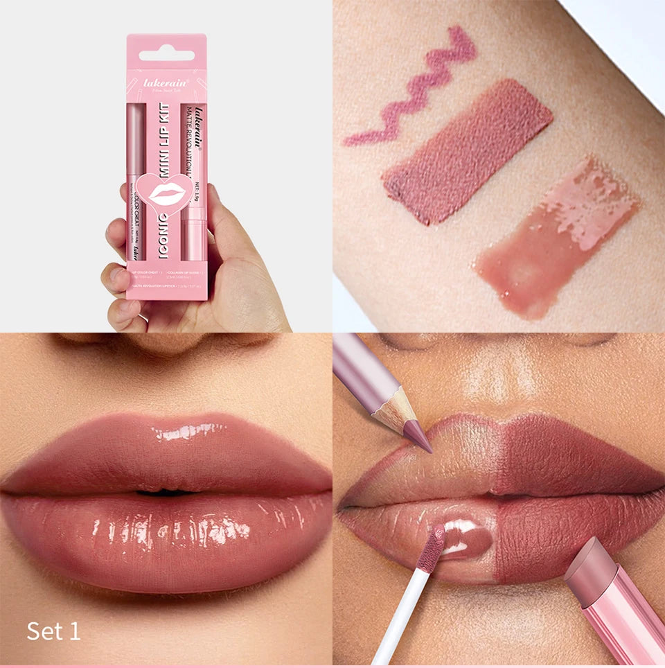 All-in-One Travel Lip Makeup Set with Liner, Lipstick, and Gloss