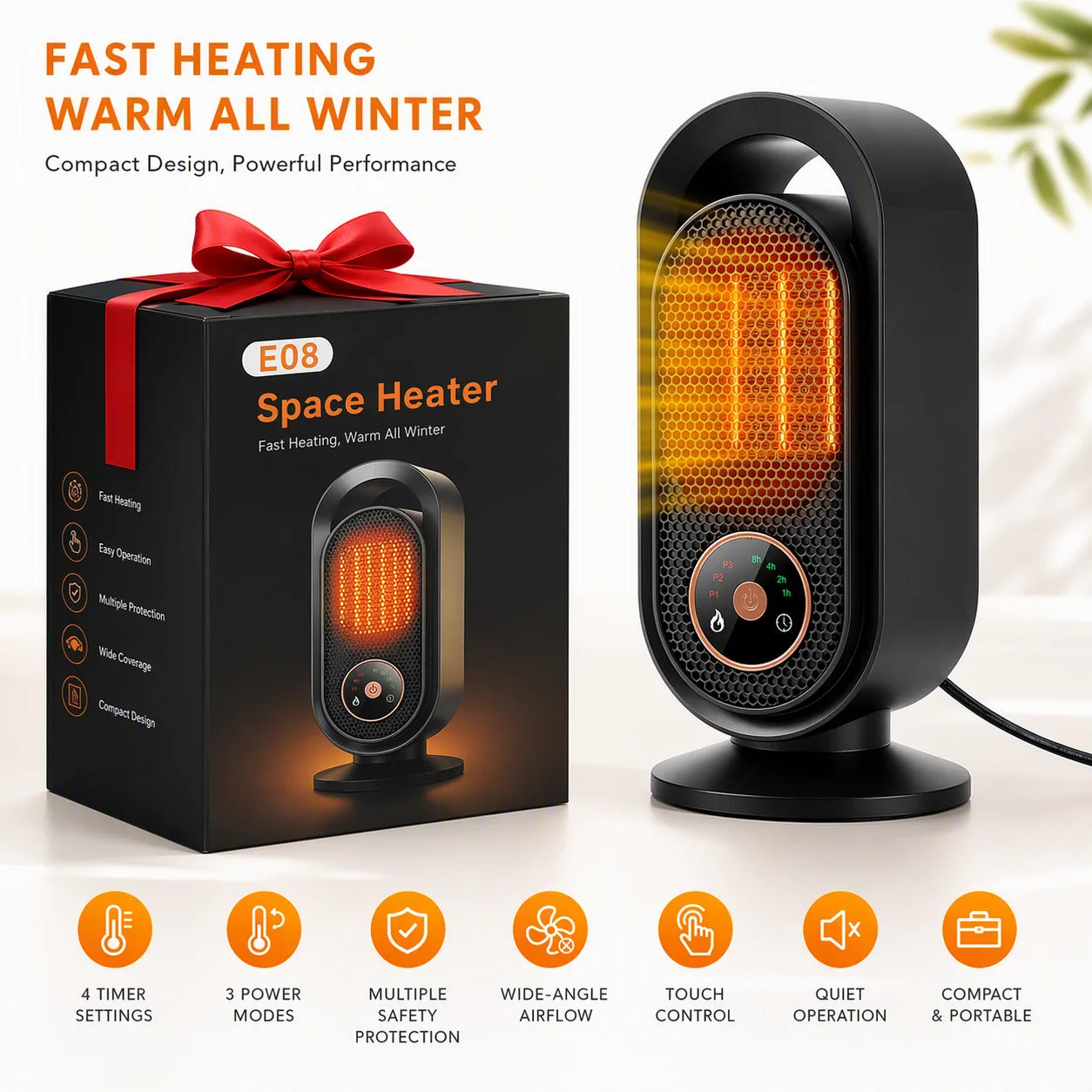 Portable Ceramic Space Heater with Touch Control and Timer - 1
