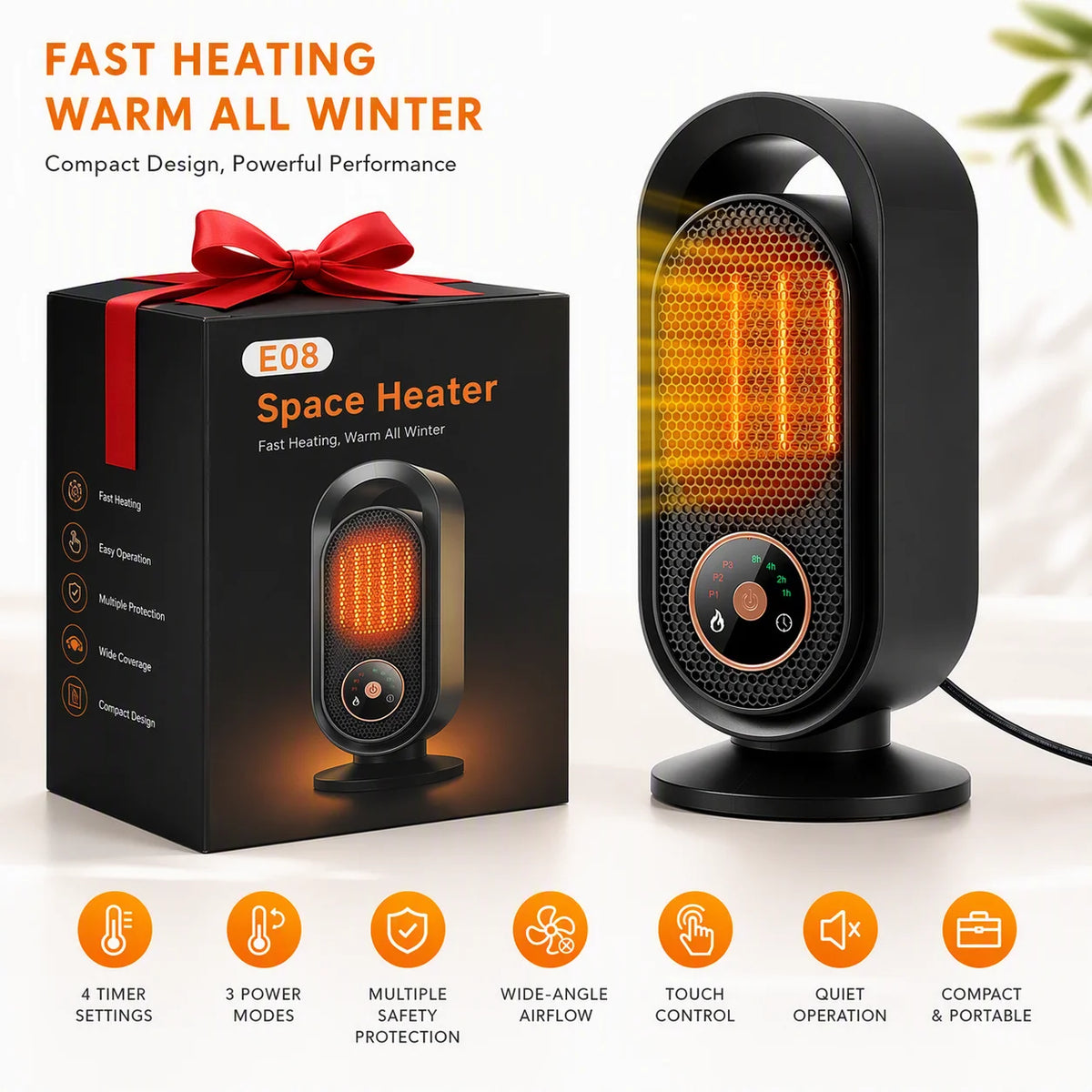 Portable Ceramic Space Heater with Touch Control and Timer