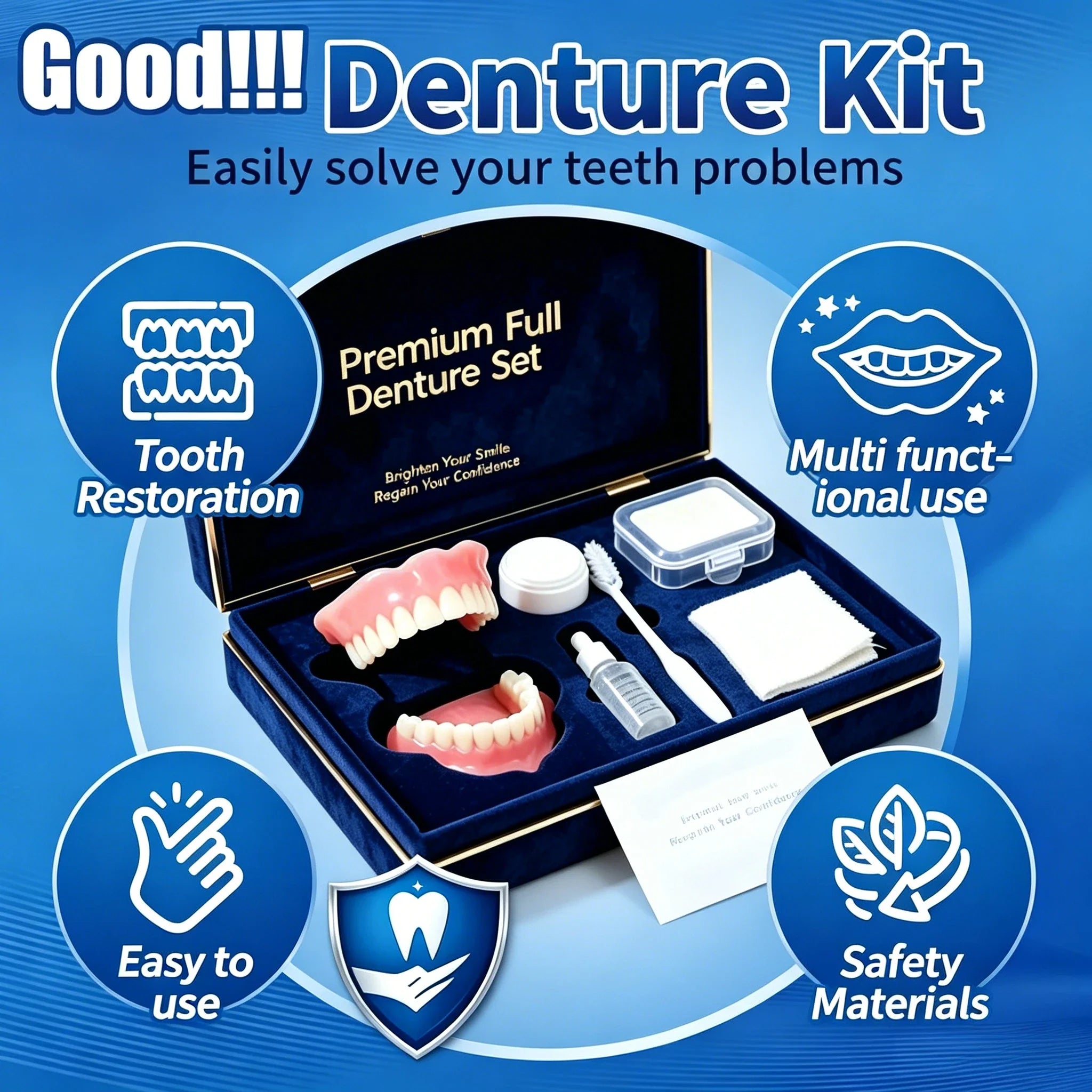 Full Mouth Cosmetic Denture Set with Hygiene Kit and Storage Case