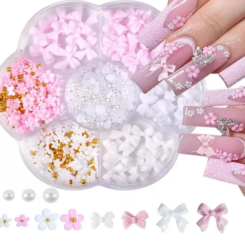 3D Mixed Nail Art Decoration Set with Bows, Flowers, and Pearls