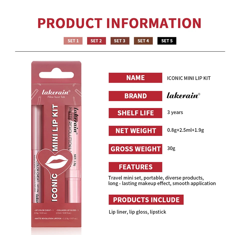 3-Piece Waterproof Matte Lipstick and Lip Liner Makeup Set