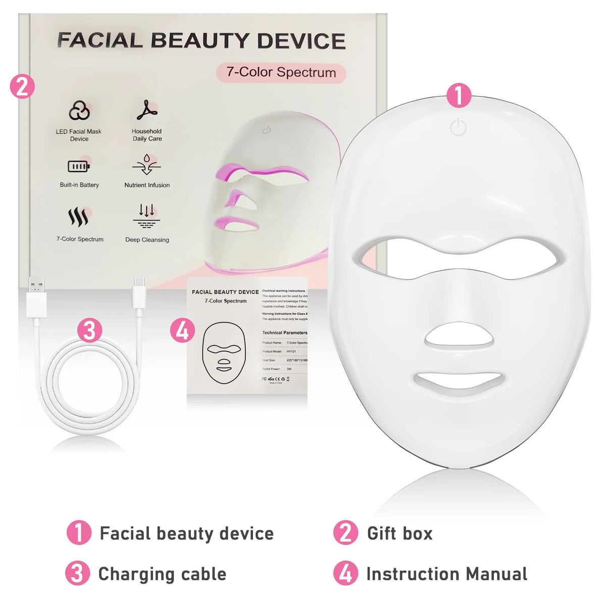 7-Color Cordless LED Photon Facial Mask for Skin Rejuvenation