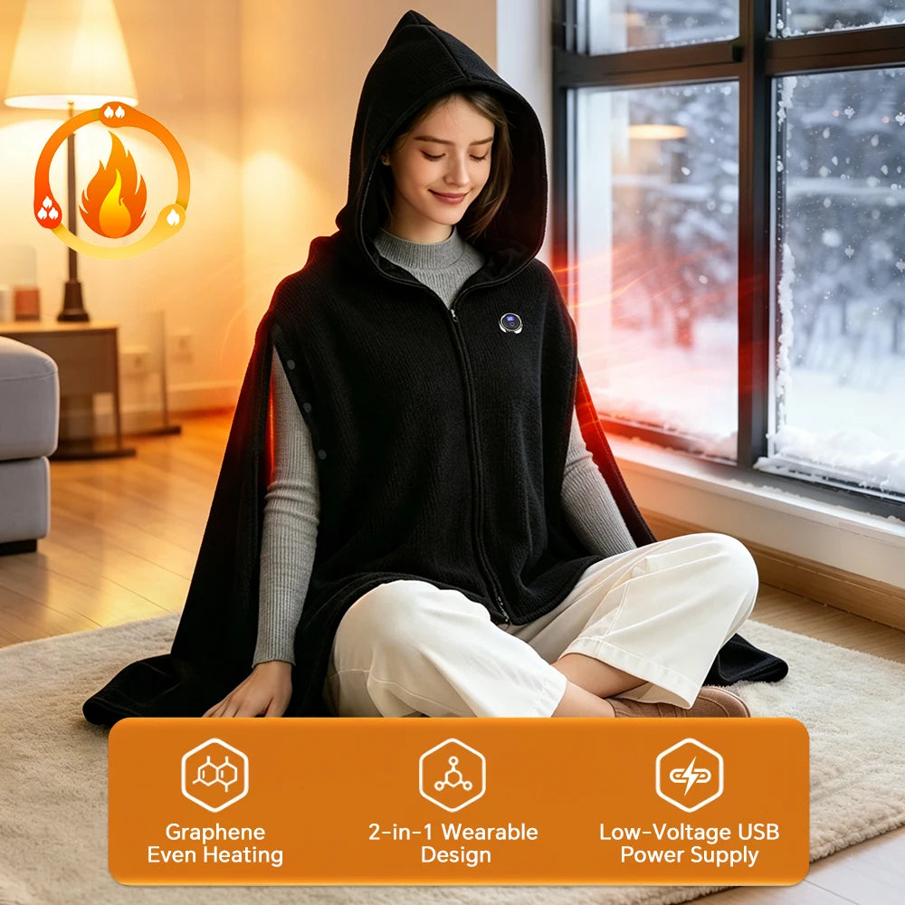 USB Heated Hooded Shawl Wearable Graphene Blanket - 7