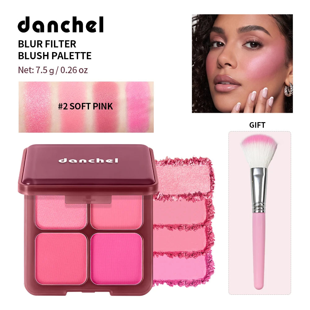 4-Color Matte Blur Filter Blush Palette with Makeup Brush