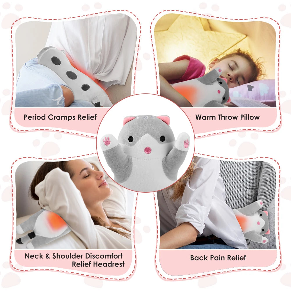 USB Heated Cat Plush Pillow with Adjustable Heat and Timer