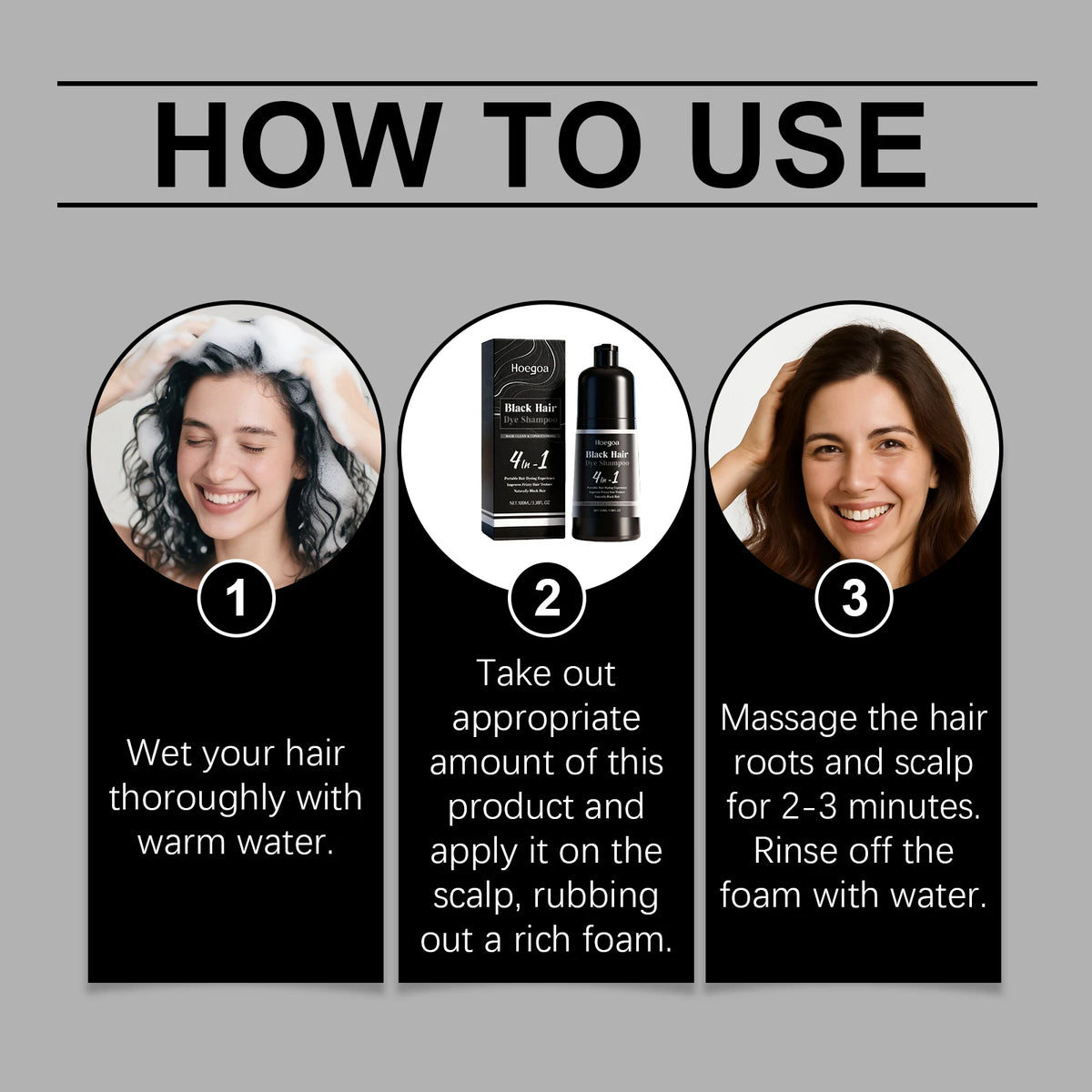 4-in-1 Black Hair Dye Shampoo for Gray Coverage