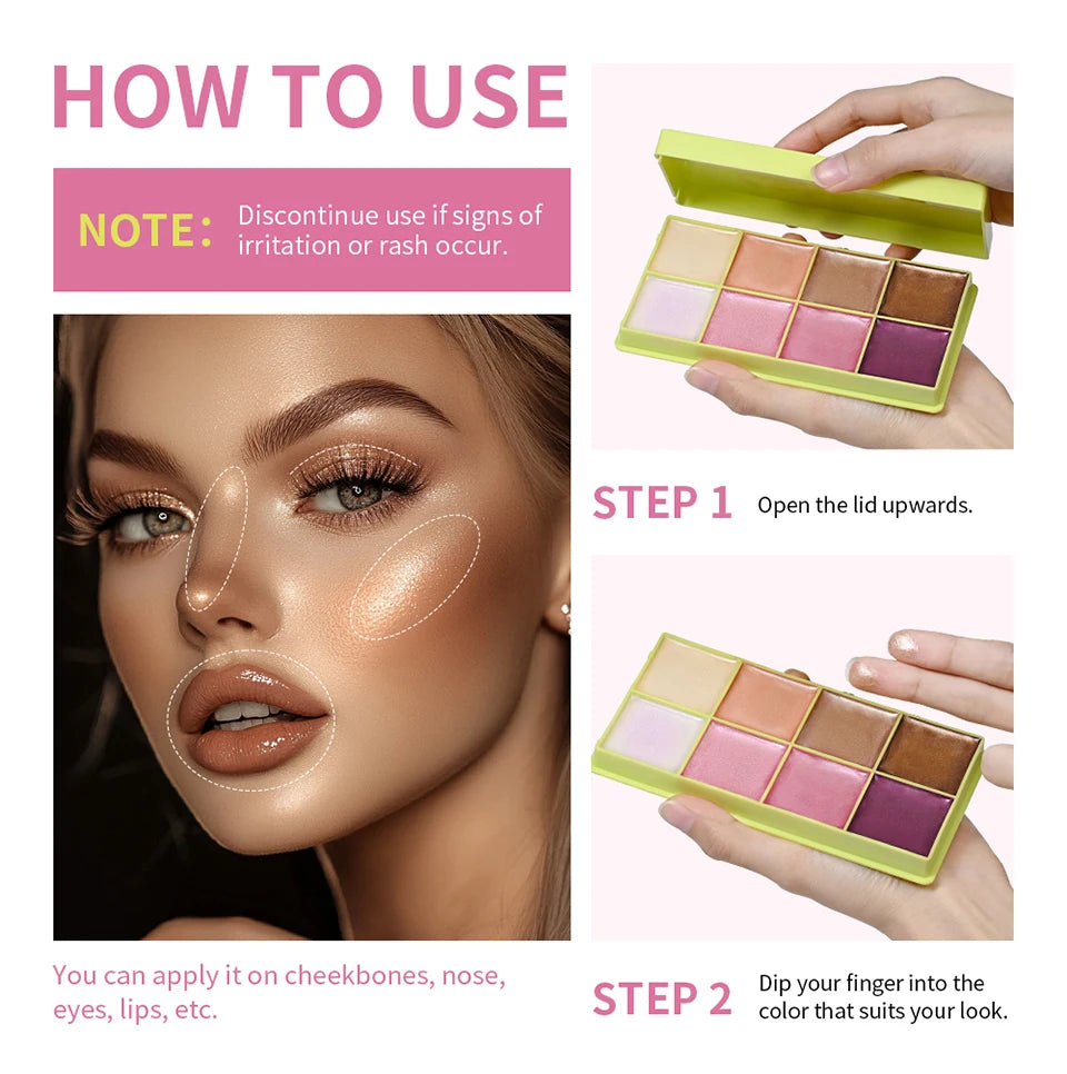 8-Color Cream Highlighter and Blush Makeup Palette
