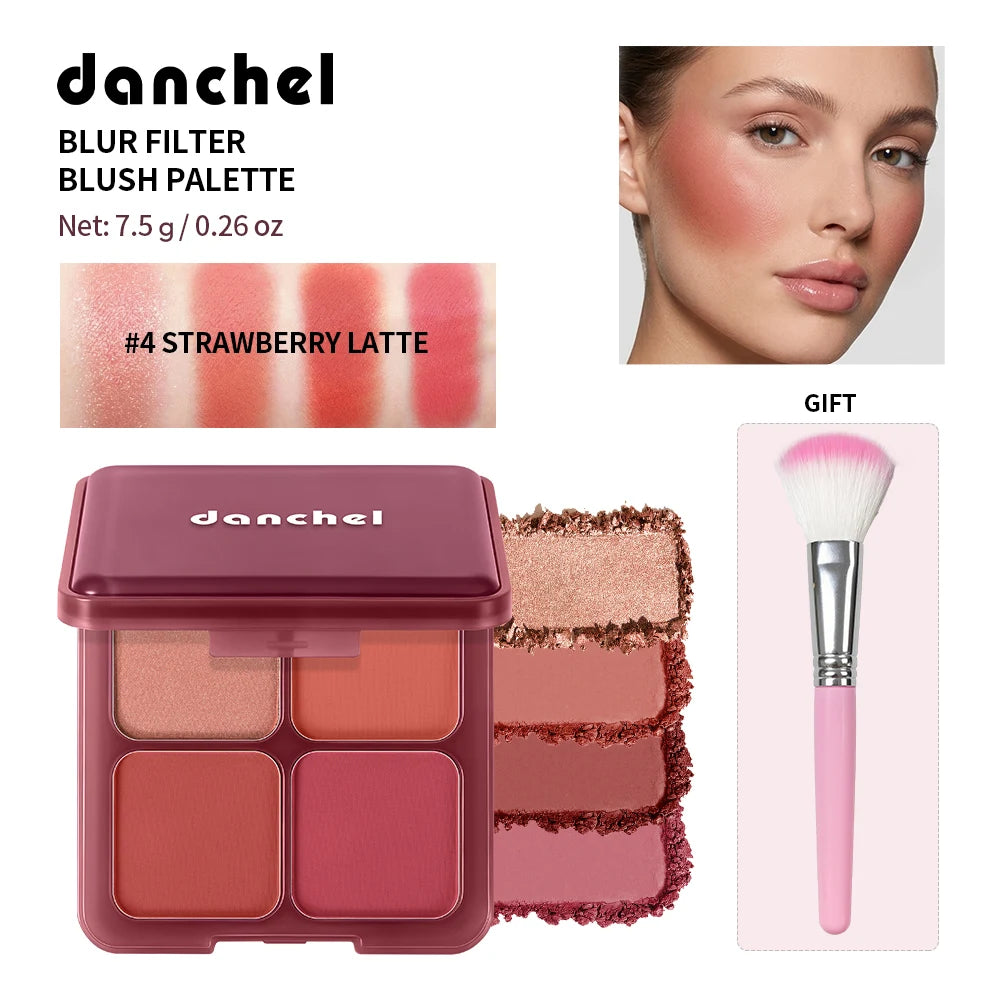 4-Color Matte Blur Filter Blush Palette with Makeup Brush