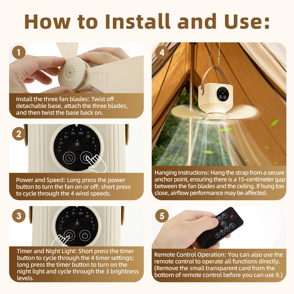 Portable Rechargeable Ceiling Fan with LED Light and Remote
