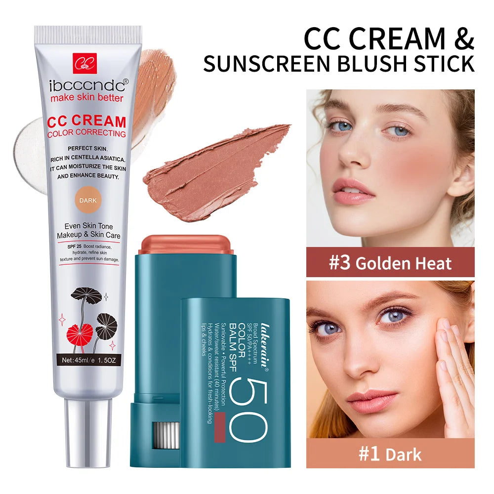 Color Correcting CC Cream and Sunscreen Blush Stick Makeup Set