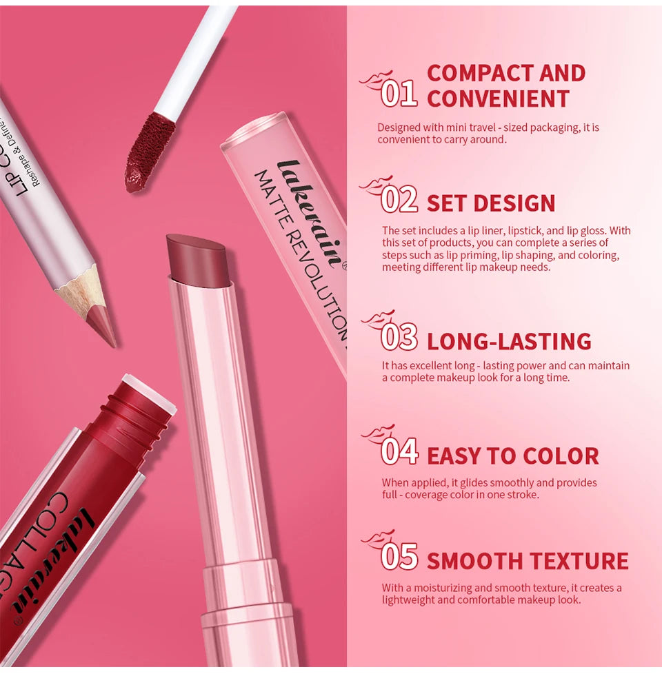 All-in-One Travel Lip Makeup Set with Liner, Lipstick, and Gloss